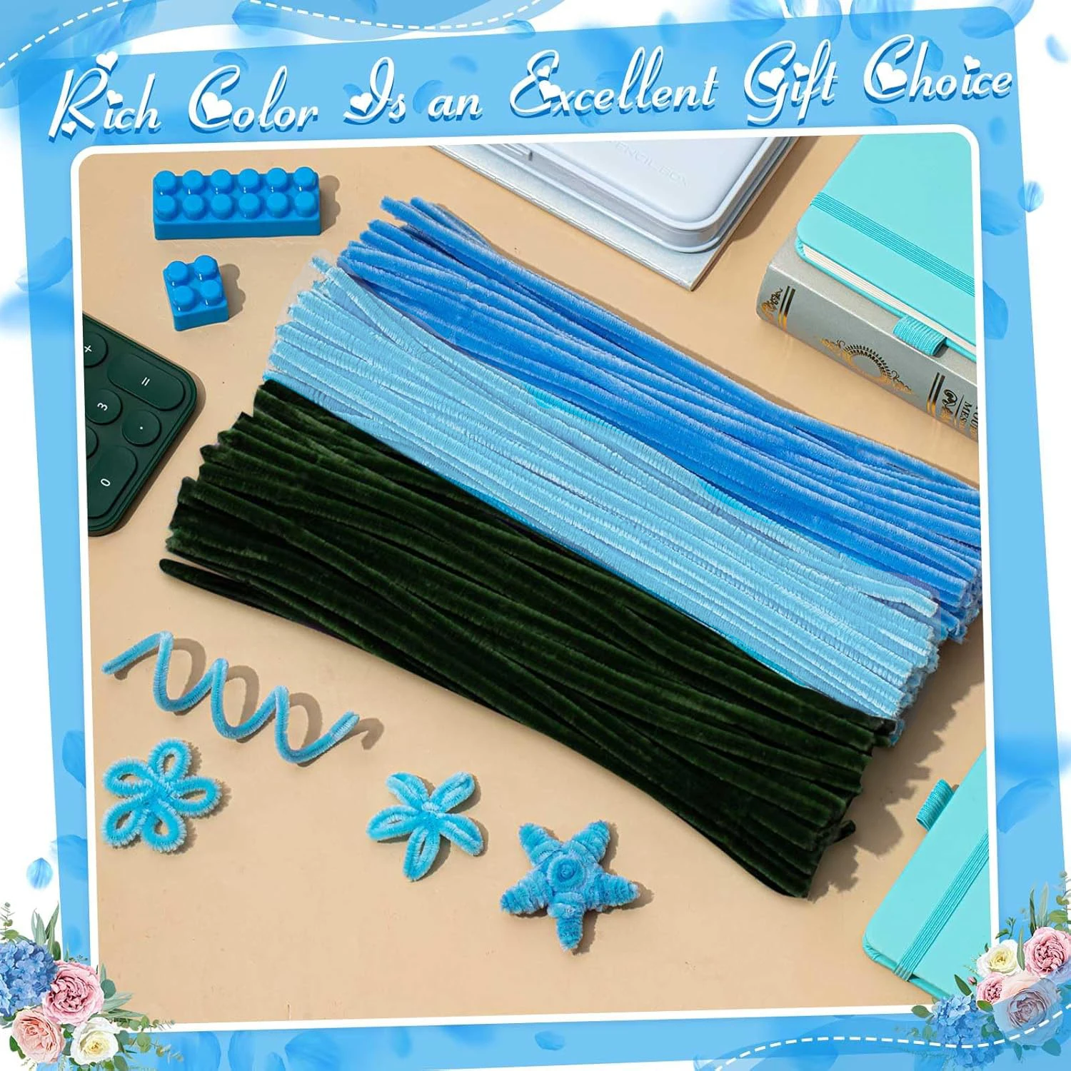 500 Pieces Pipe Cleaners Chenille Stems 5 Assorted Blue Colors Craft Supplies Bulk for DIY Art and Craft Projects