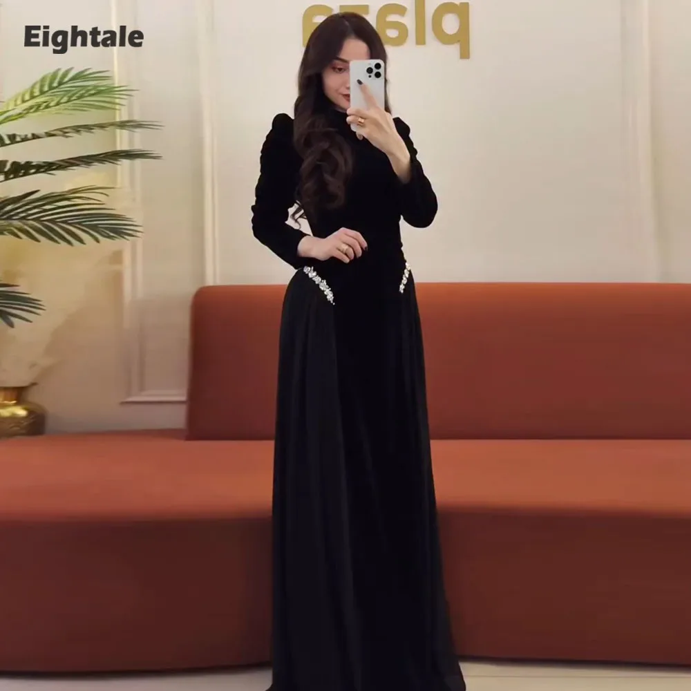 

Eightale Arabic Evening Dress Muslim Prom Gown Customized High Neck Long Sleeves Beaded Black Wedding Party Dress