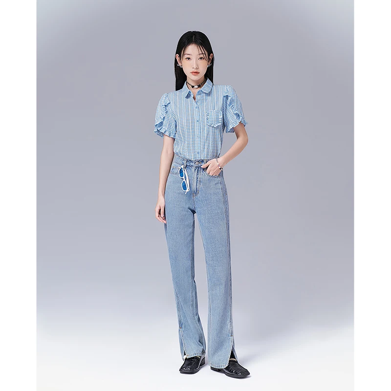 Toyouth Women Shirts 2023 Summer Puff Short Sleeves Polo Neck Fit Well Blouse Jacquard Lace Blue Cute Chic Streetwear Tops