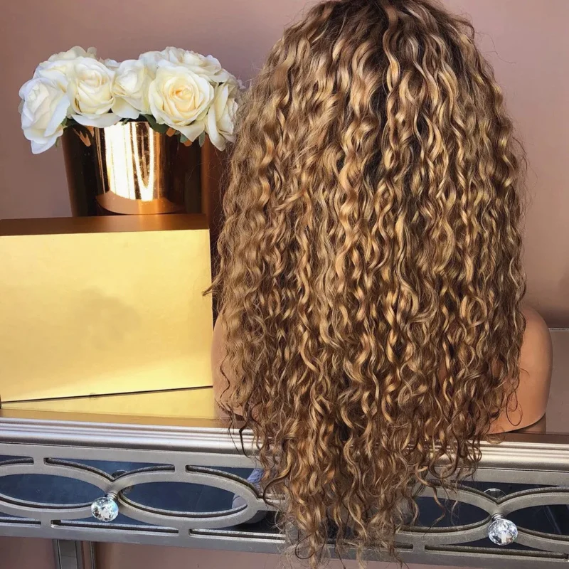 Honey Gold Curly Synthetic Wig Deep Wave Glueless Curly Full Mechanism Hair Wigs for Women 200 Density Midium Long Curly Wigs