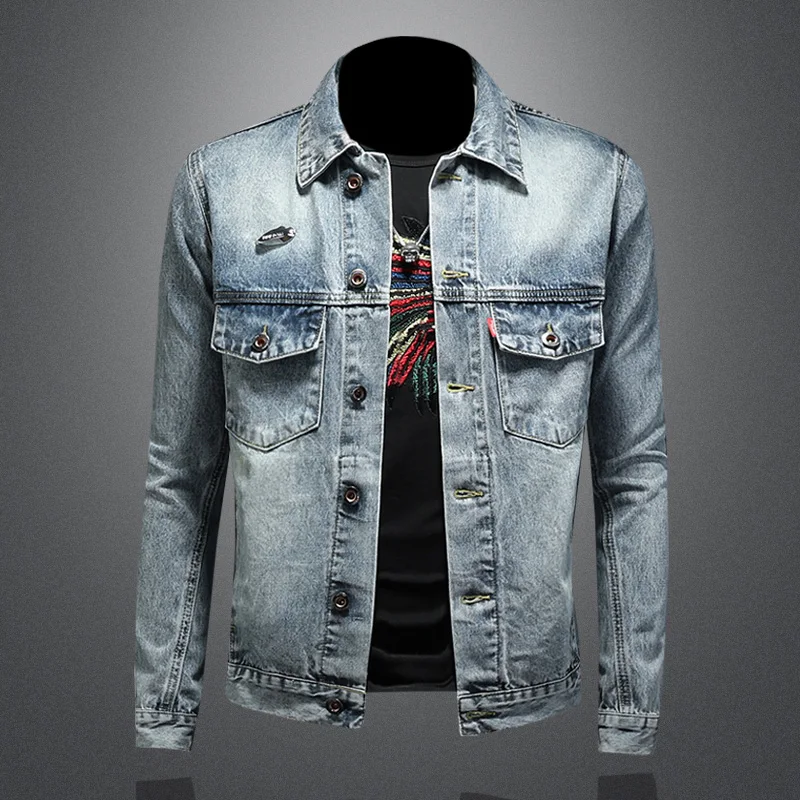 Loose Men's Denim Jacket Autumn Winter Patchwork Fashionable Outerwear Standard Fit Youth Long Sleeve Anti-Wrinkle Chinese Made