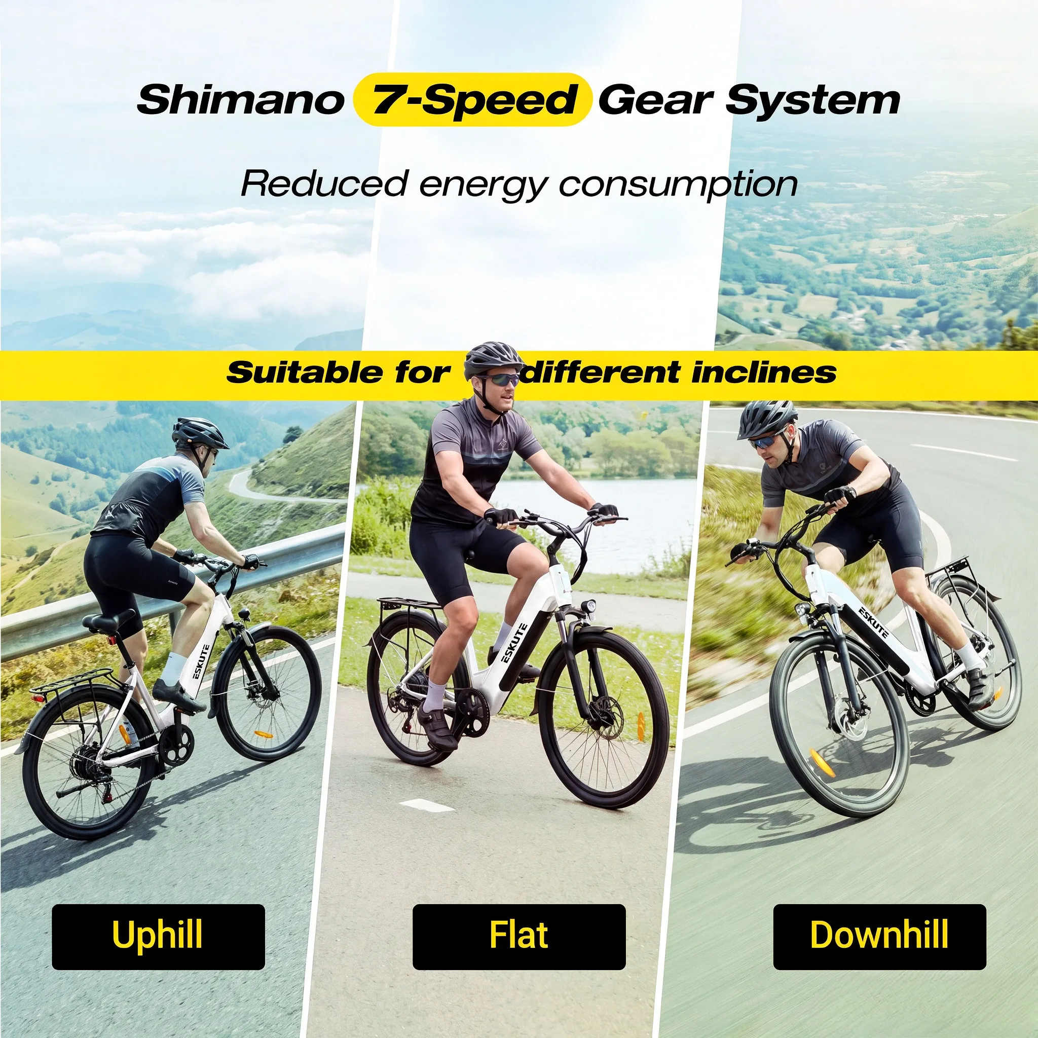 Bicicleta eléctrica ESKUTE de 26 pulgadas para hombres y mujeres, modelo C202, con batería de 48 V y 17,5 Ah, motor de 250 W, 7 velocidades, pantalla LCD, autonomía de hasta 110 km y velocidad máxima de 25 km/h, ideal para paseos urbanos.