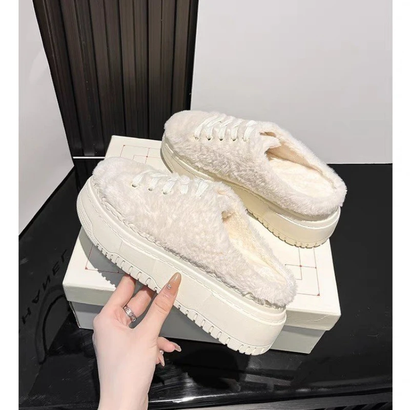 Female Half Slippers Fashion Brand Winter Sneakers Women Warm Fur Plush Shoes Flat Platform White Canvas Shoes Women\'s Oxfords