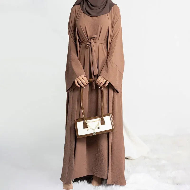 Vestido largo Abaya de 2 piezas para mujer, ropa islámica de crepé de Jazz de Ramadán, bata Hijab, caftán de fiesta turca de Dubái, conjunto musulmán