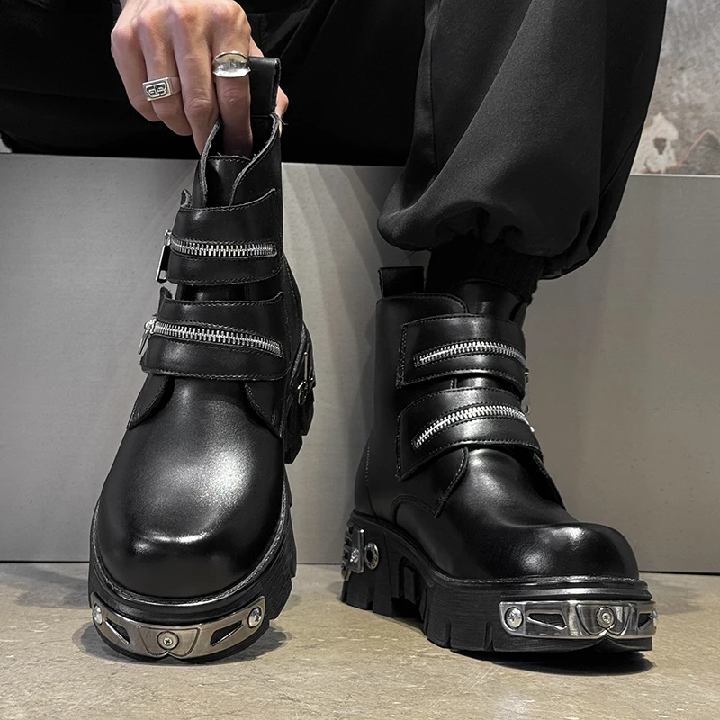 

Мужские мотоциклетные ботинки на толстой подошве с высоким берцем, металлической защитой от ударов, двойной молнией, декоративными элементами, в стиле панк, для уличной моды, стильная обувь.