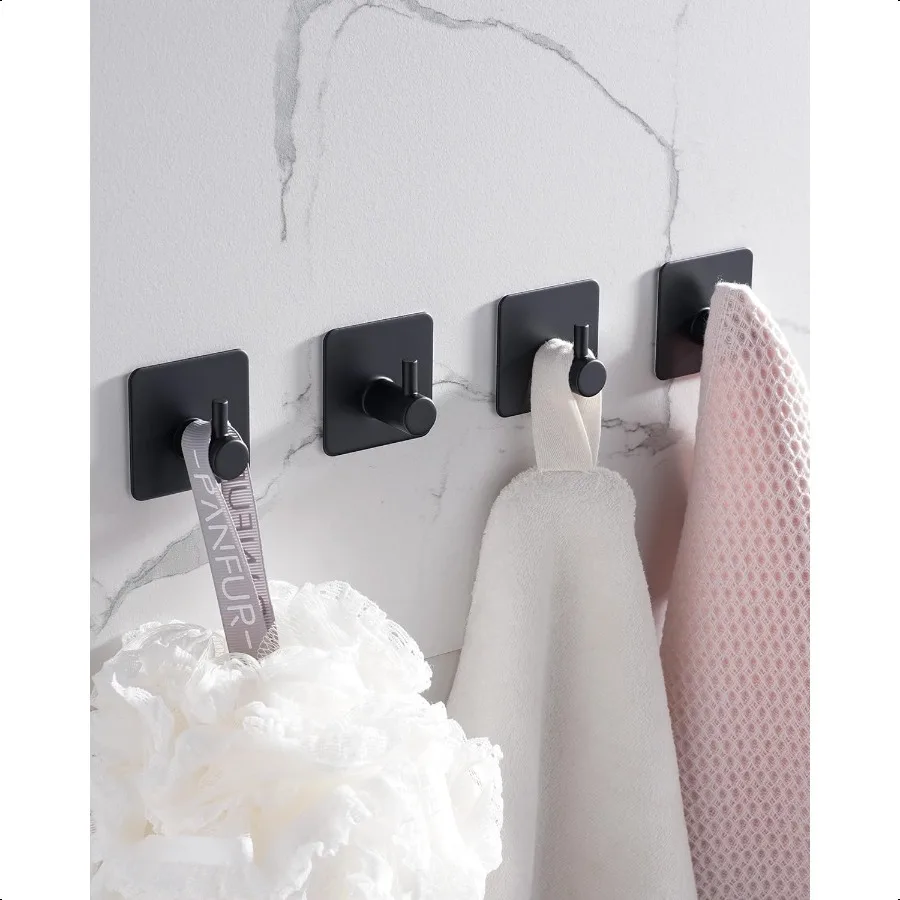 

4 Pack Adhesive Hooks Black Towel Hooks for Bathrooms Heavy Duty Stainless Steel Wall Hooks Waterproof Stick on Hook Hooks for