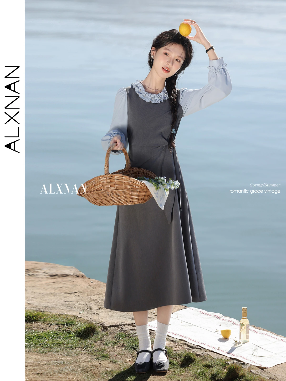 

ALXNAN Women's Dress Long Gray Blue Patchwork Fake Two-piece Dress 2025 Fall Elegant Pearl Holiday Party Female Clothing L52885