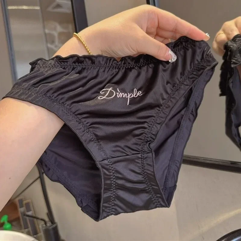 Ropa interior de satén sedoso con letras bordadas para mujer, bragas de tiro bajo, entrepierna de algodón puro, Sexy, puro deseo, levantamiento de
