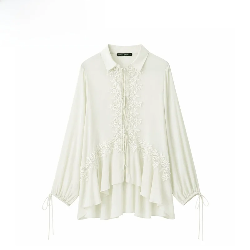 Fashionable Lace Embroidery Shirt Women's Clothing Versatile Style Breathable Polyester Long Sleeve Collared Neck Design