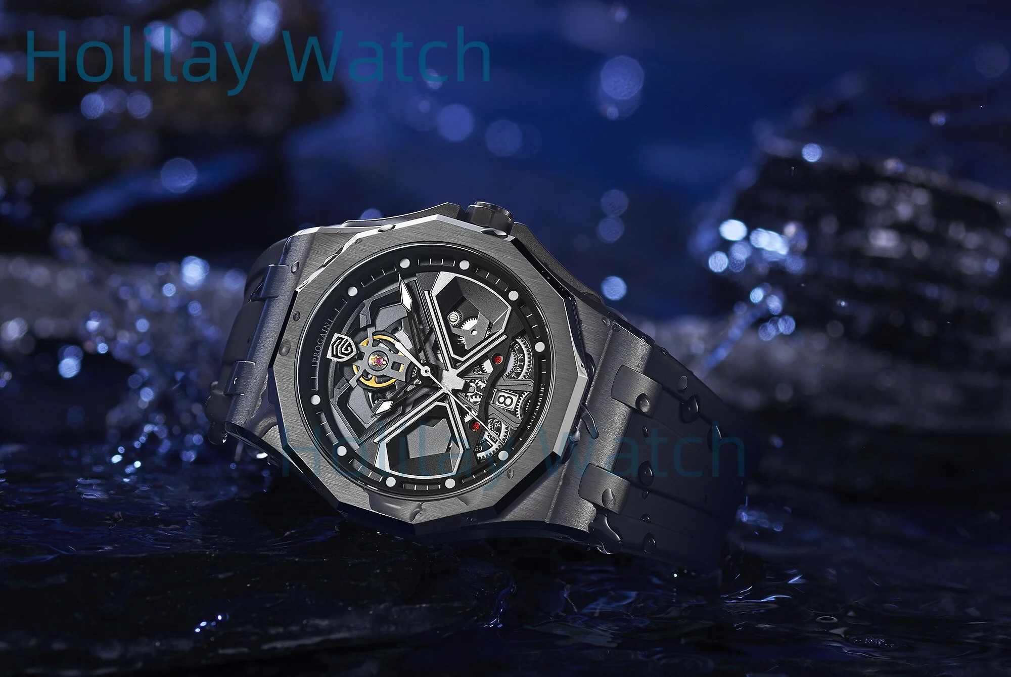 Orologio da uomo scavato Orologio meccanico automatico Cinturino in caucciù Orologio NH35 Orologi in vetro zaffiro impermeabili 10ATM