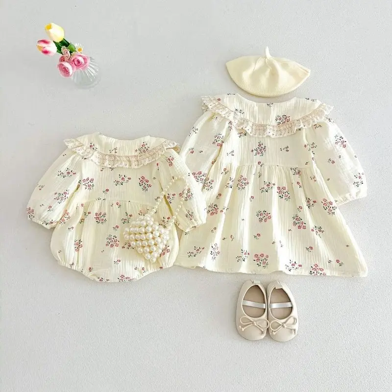 2026Spring and Autumn New Korean Style Floral Dress for Girls, Baby Lace Doll Collar Long Sleeve Princess Dress, Sister Outfit