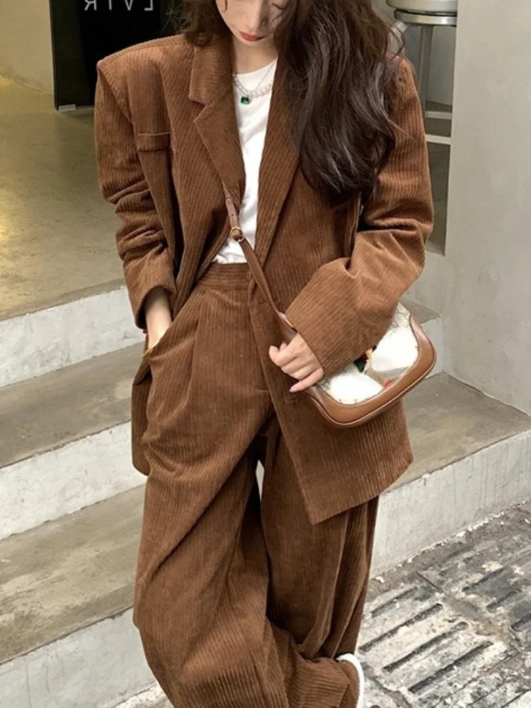 Women Elegant Corduroy Blazer Suit Casual Vintage Jackets Wide Leg Pants 2 Pieces Set Female Fashion Korean Pantsuit Outfits