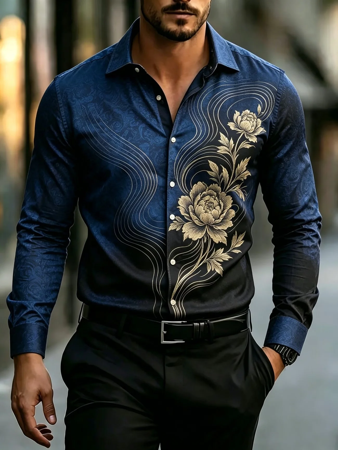 New Arrival Black Satin Flannel Rose Trimmed Men's Long Sleeve Shirt - Light Luxury Business Casual Fit Shirt