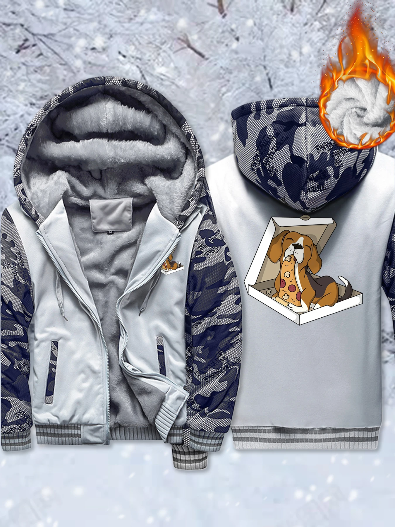 

Hungry Pizza Dog Printing Thicken Coats Casual Oversized Clothes Fleece Autumn Zipper Jackets All-Match Winter Streetwear