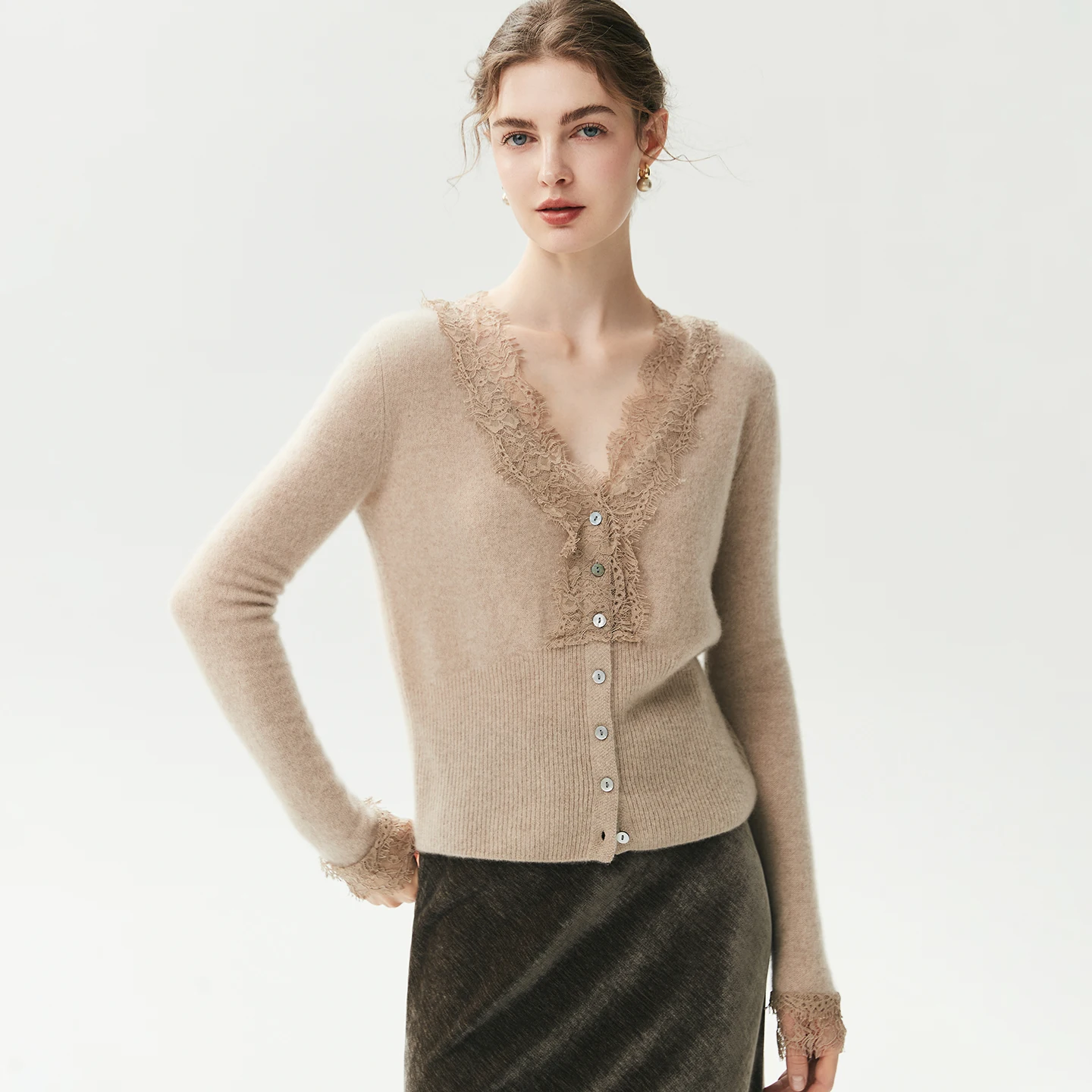 ANGEL Women's V-Neck Sweaters  Autumn Winter 100% Cashmere Buttons Cardigan Long Sleeve Tops Female  Grace Lace Knitted Clothes