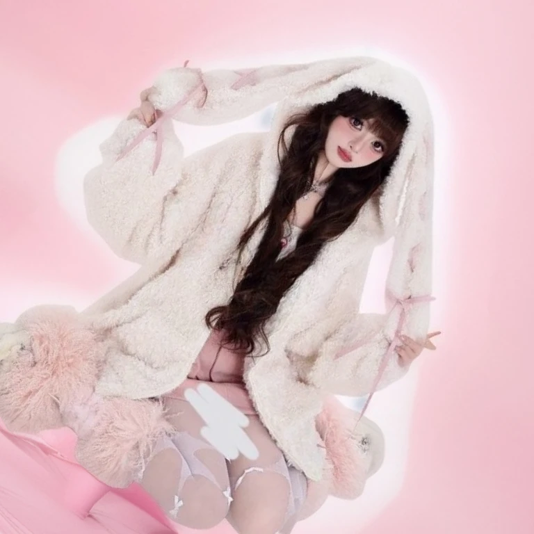 

Japanese Style Original Sweet Cute Girls Rabbit Ear Hooded Loose Coat Autumn Winter Versatile Lamb Wool Warm Thick Jacket