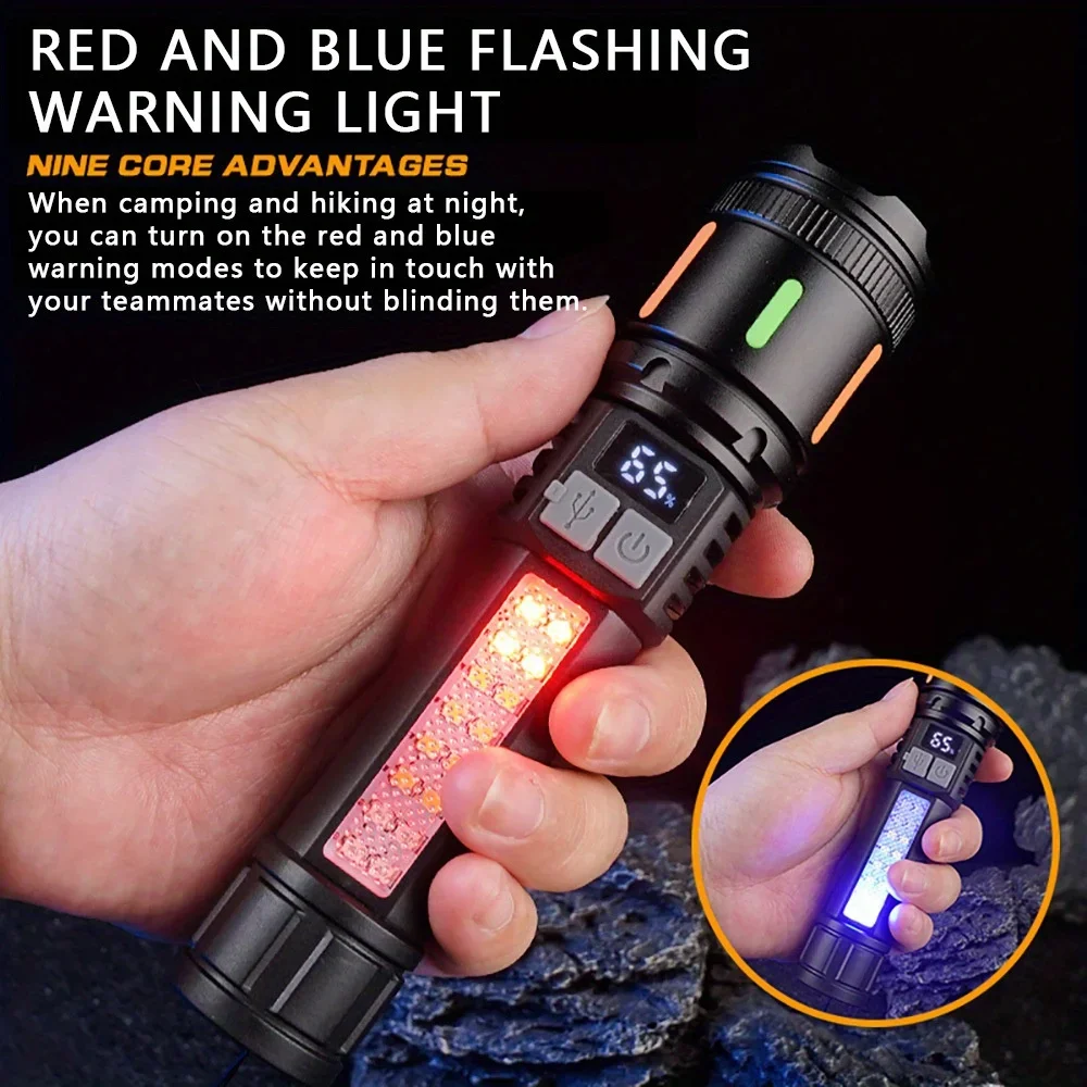 Most Powerful LED Flashlight Type-C USB Rechargeable Flashlights Zoomable Torch with Red/Blue Warning Lights Fluorescent Strip