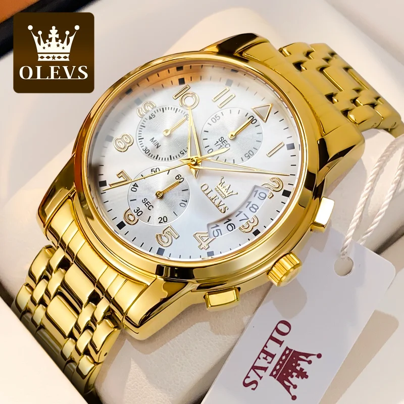 OLEVS Luxury Men\'s Watches Original Gold Chronograph Wristwatch Waterproof Stainless Steel Luminous Quartz Watch for Man Social