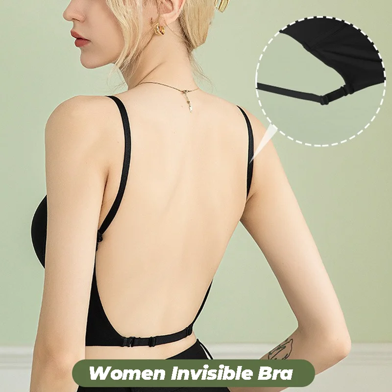 Women Invisible Bra Deep U Plunge Bras Backless Top for Sexy Lingerie Dresses with Transparent Strap Push Up Strapless Underwear