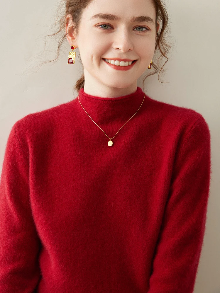 

In winter, the new hemmed cashmere sweater with half-high neck is thickened and loosely knitted cashmere sweater for women.