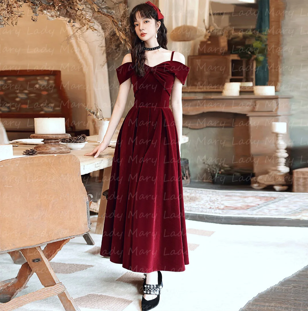 

Customized Velvet Korean Prom Dresses Off The Shoulder Lacing Up Back Ankle Length Graduation Party Gowns Formal Evening Gowns