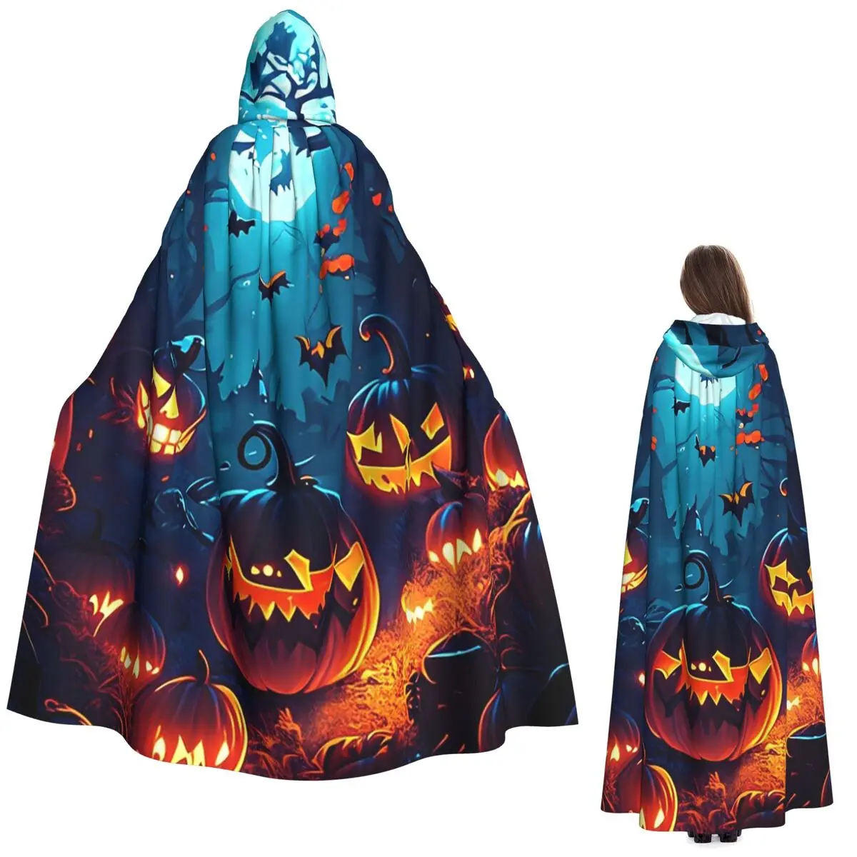 

Зачарованная ночь в полнолуние светящиеся тыквы в лесу длинный плащ с капюшоном ведьмы средневековый костюм накидка для косплея