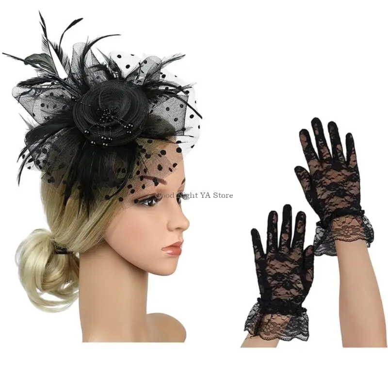 

Fascinator Embellished Pillbox Derby Hat and Wrist Lace Gloves Set
