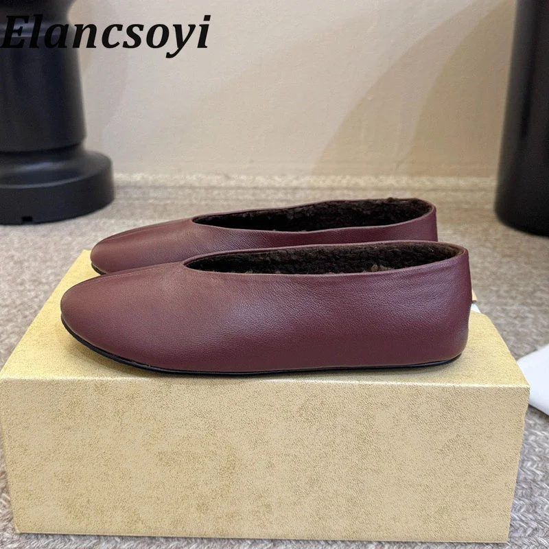 Lazy loafers with round toe leather surface lightweight comfortable casual single winter short plush lining thick flat shoes
