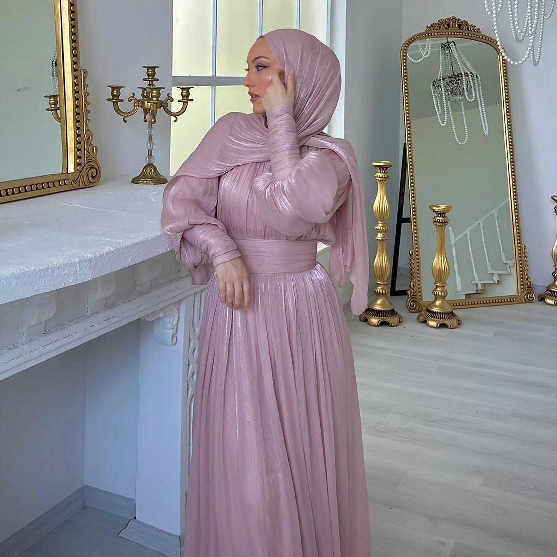 عباية متواضعة رمضان Musulman ماكسي رداء حفلة قفطان تركيا ملابس إسلامية مسلمة للنساء حزام فستان قفطان فيستدوس