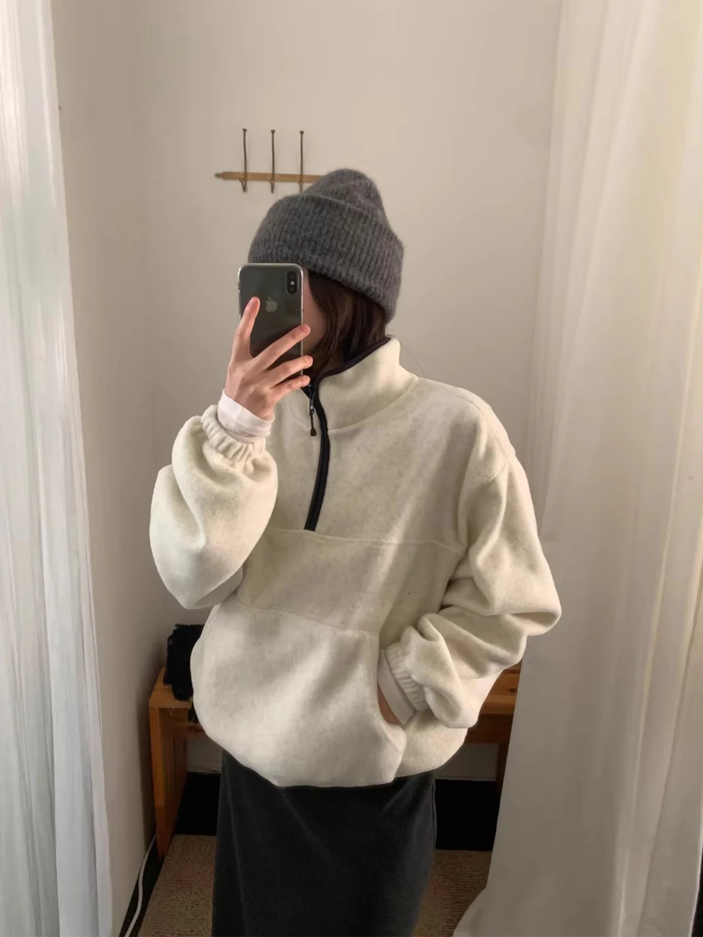 Sweat à capuche Double face Fce pour femme, ample, décontracté, Long, Sve, col montant, fermeture éclair f, automne hiver