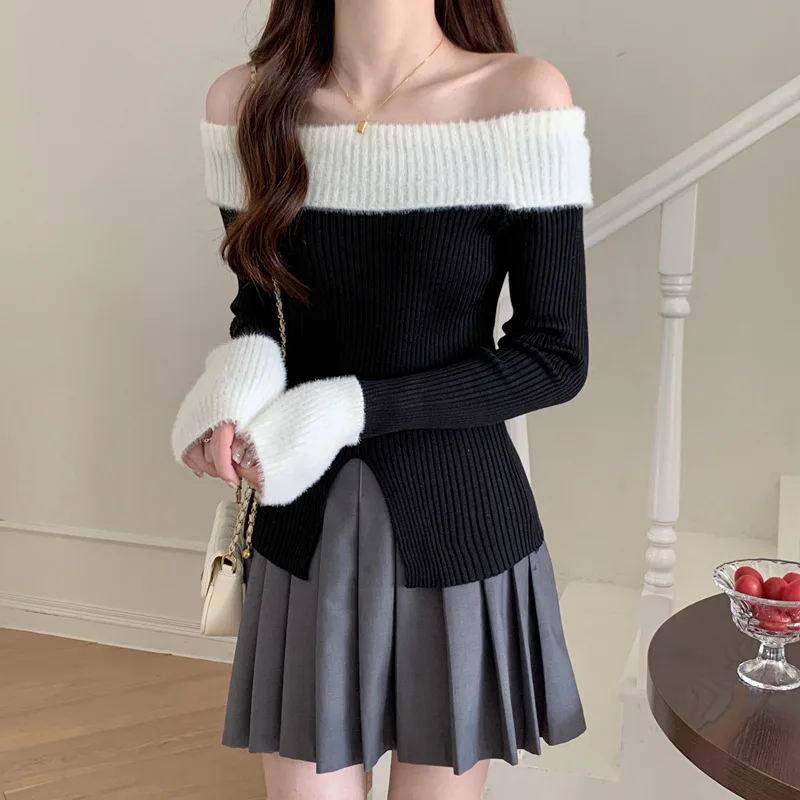 Sexy Women's Off Shoulder Knitted Sweater Lower Split Splicing Colors High Quality Trendy Knitwear Tight Fitting Top Sweet Pink