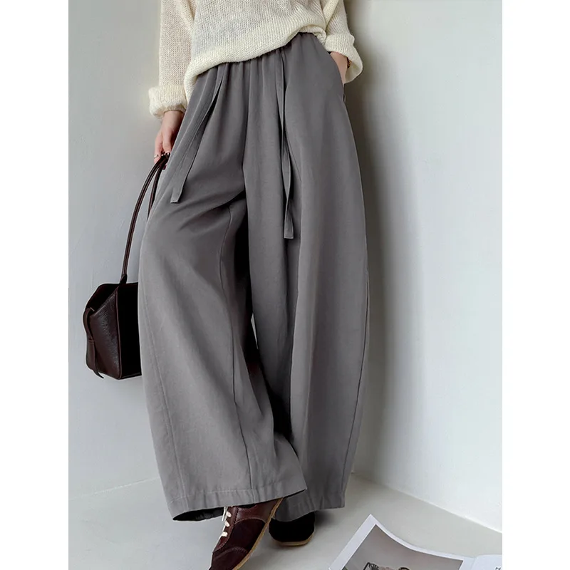 2026 Women Spring Long Pants Stretch Lace-Up Waist Vintage Pants Wide Leg Stright Pants Fashion Clothes Women Trousers