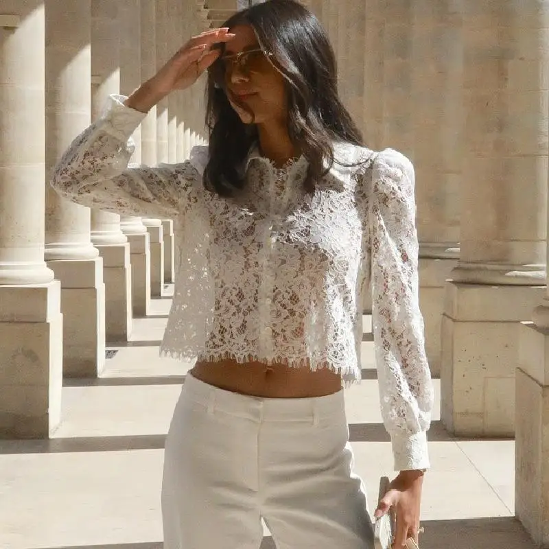 

Sexy Lace Collar Long Sve Fringed ort irt Translucent Top Independent Station New Arrival Women's Faion Trend