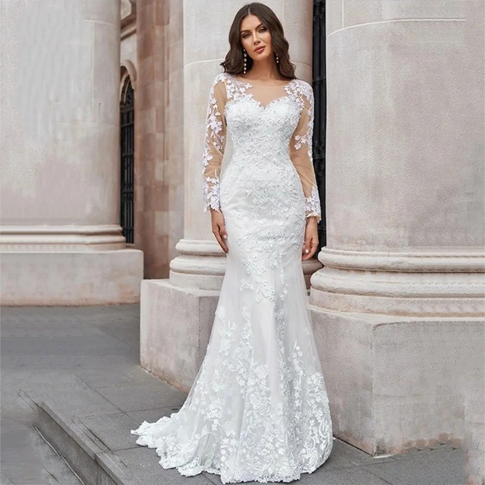 

Lorencia Sequins Long Sleeves Wedding Dress Lace Mermaid Formal Princess Bride Gown 2023 Bridal Dress Vestidos De Novia YMW140