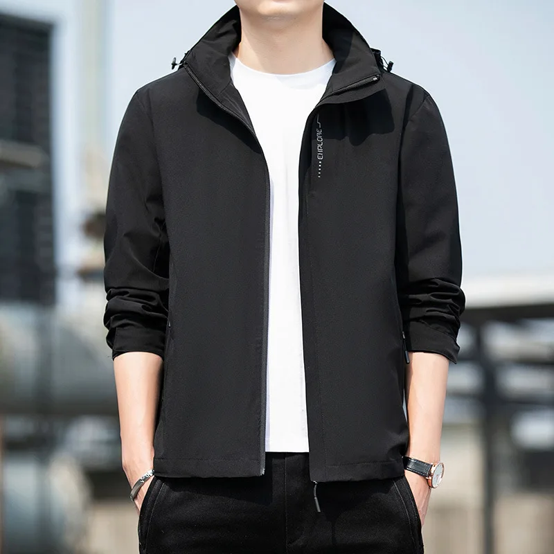 

Men's Outdoor Waterproof Zipper Hooded Jaet Spring Autumn New Sle Pure Color Slim Fit Long Sve Casual Faion