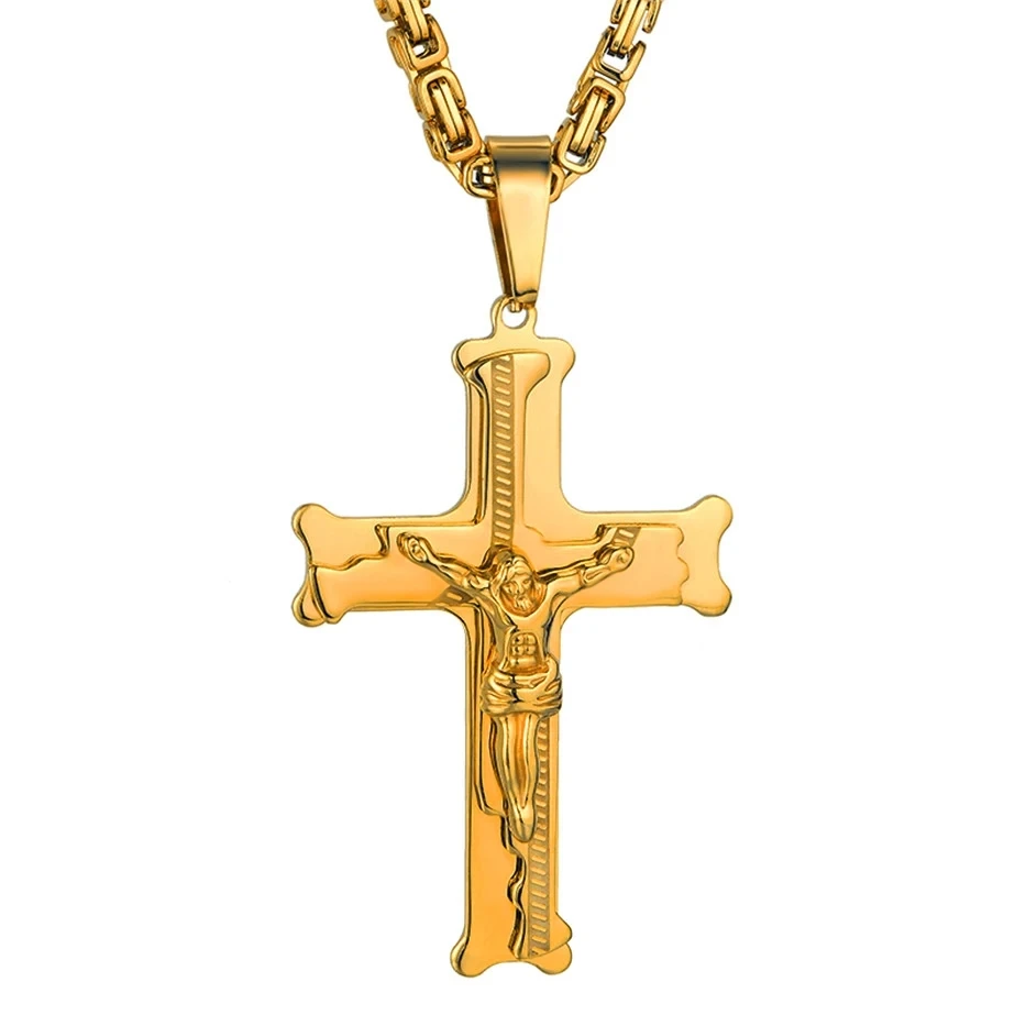 Edelstahl Byzantinische Kette Kreuz Anhänger Männlich Gold Farbe Jesus Christus Kruzifix Halsketten für Männer Religiöse Schmuck Geschenk