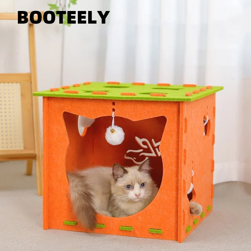 BOOTEELY Cartoon-Geschenkbox, multifunktionales Filz-Katzenhaus, Haustier, Kätzchen, Bett, Höhle und interaktives Spielzeug, Kratzunterlage