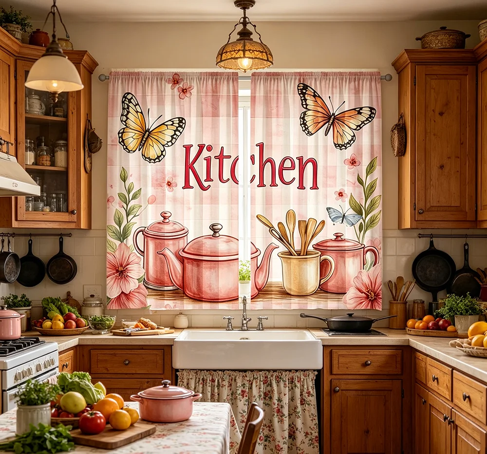 2PCS Digital Printed Curtains, Warm Kitchen Utensil Home Cooking Farmhouse, Home Decor Style for Living Room Bedroom Decor