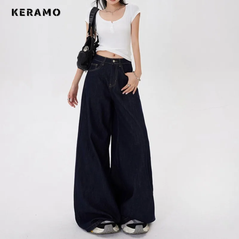 

American Retro High Waist Street Jeans Oversized Hip-hop Baggy Pants Women's Casual Y2K Grunge Washed Solid Denim Trouser