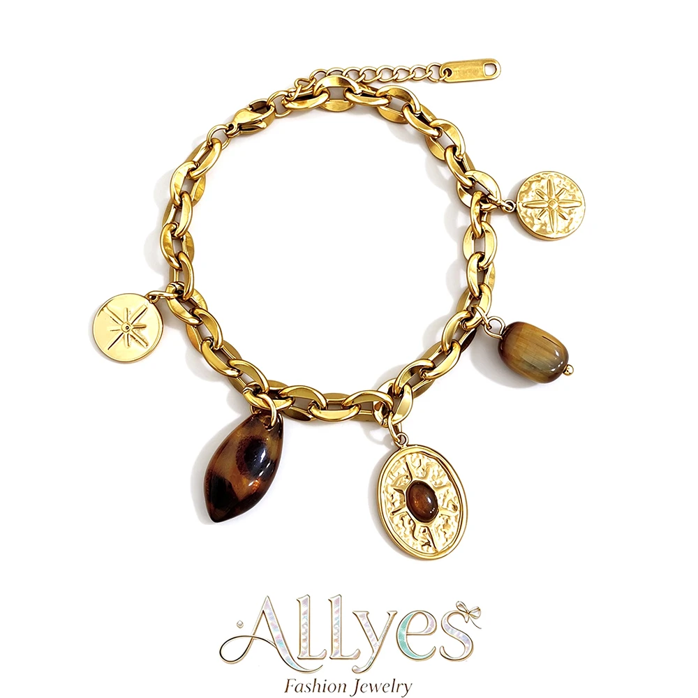 Glossy Gold Color Stainless Steel Wristband Bracelet for Women Vintage Geometric Stone Charms Bracelets Waterproof Jewelry