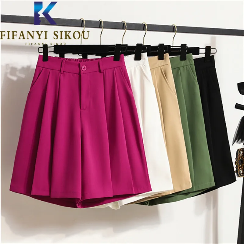

Casual Suit Shorts Women 2022 Summer High Waist Oversized Knee-Length Shorts Pocket Folds Fashion Loose Wide Leg Shorts Female