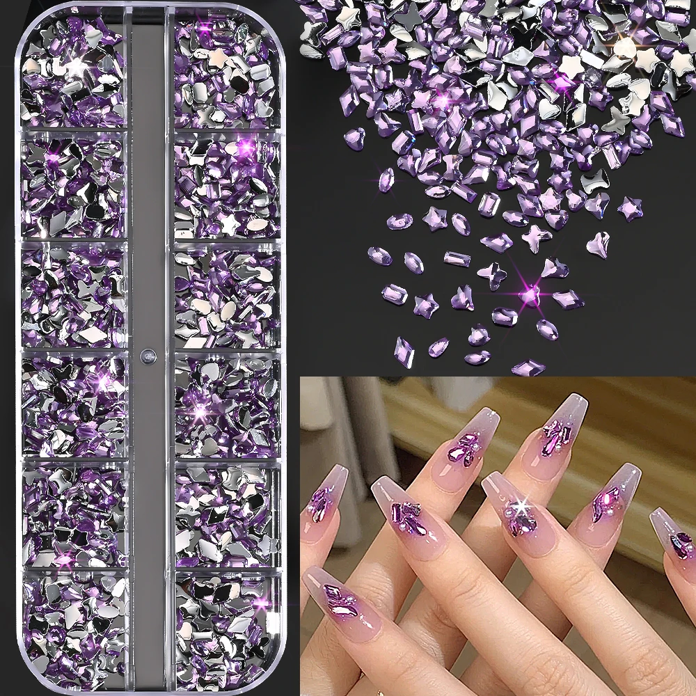 12 grades mini strass de cristal roxo para unhas, parte traseira plana, coração misto/estrela/flor/forma de borboleta, decoração de arte de unha, joias