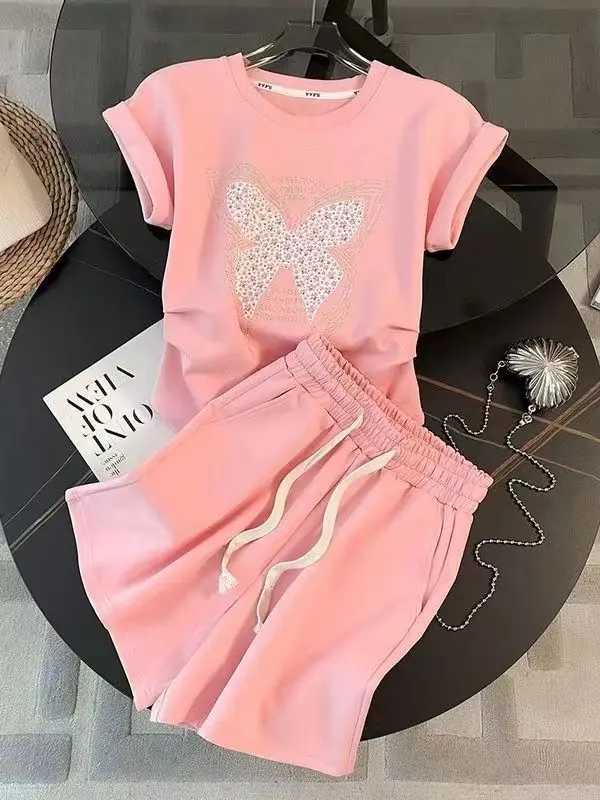 Pink casual sports suit women's summer hot stamping top+wide leg shorts two-piece set