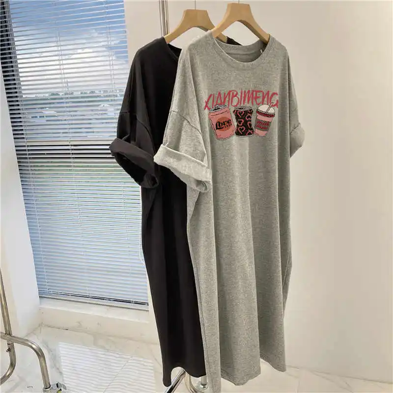 2025 Nuovo fiocco stampato manica corta abito lungo estate allentato casual al ginocchio abiti t-shirt coreano semplice versatile top