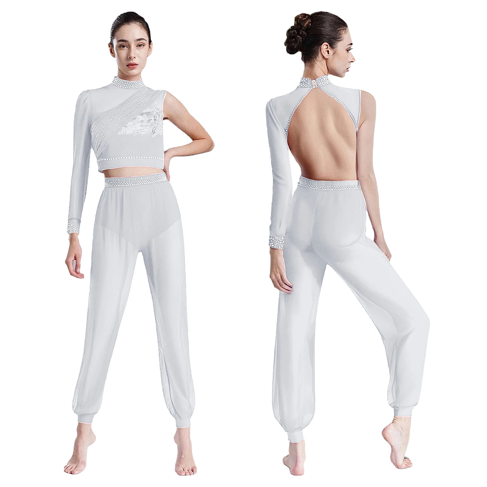 

Womens Backless Rhinestone Asymmetrical Crop Top And Mesh Long Pants Dancewear Sets for Latin Belly Dance Skating Performance