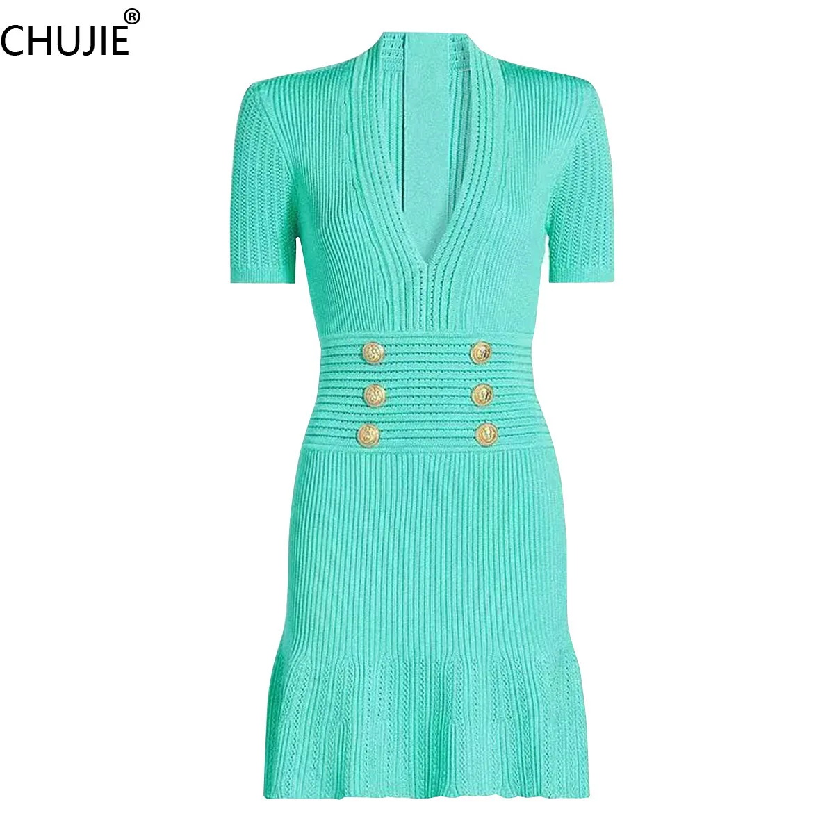 

CHUJIE V-Neck Gold Button Mini Dress Sheer Mesh Ruffled Hem Bodycon Sexy Club Dress SS25