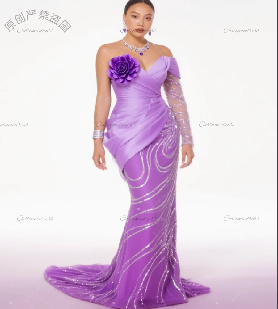 Stunning Purple Mermaid Prom Dress With Flowers Elegant One Shoulder Sequin Aso Ebi Evening Gowns Curvy Plus Size Formal Dress
