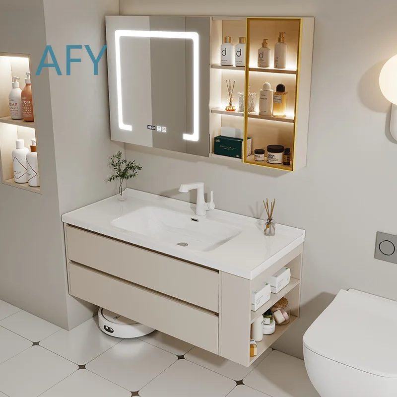 Modern Light Luxury Ceramic Integrated Basin Bathroom Cabinet Set with Side Storage for Hand Washing Sink Vanity Unit for