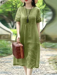 ZANZEA Summer Vintage Short Sleeve Solid Dress Women Sundress Bohemian Holiday Robe Femme O Neck Casual Loose Vestidos Oversize