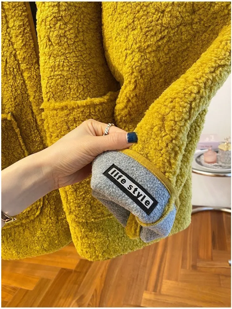 Plush Size Solid Faux Lamb Fur Jacket Zipper Leisure Loose Plush Coat O Neck Furry Jackets Winter Warm Women's Fluffy Cardigans